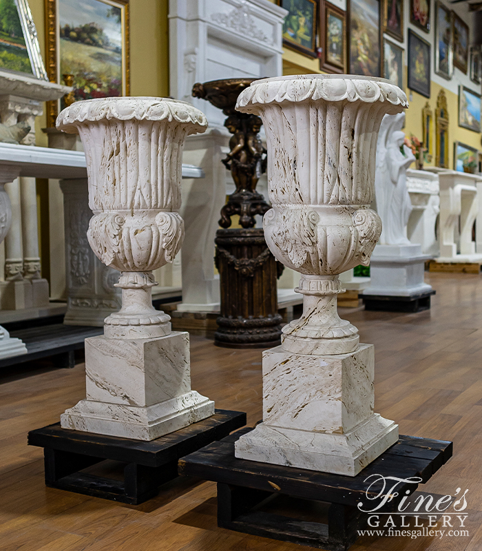 Marble Planters  - An Urn Pair In Italian Quarried Ivory Travertine - MP-470